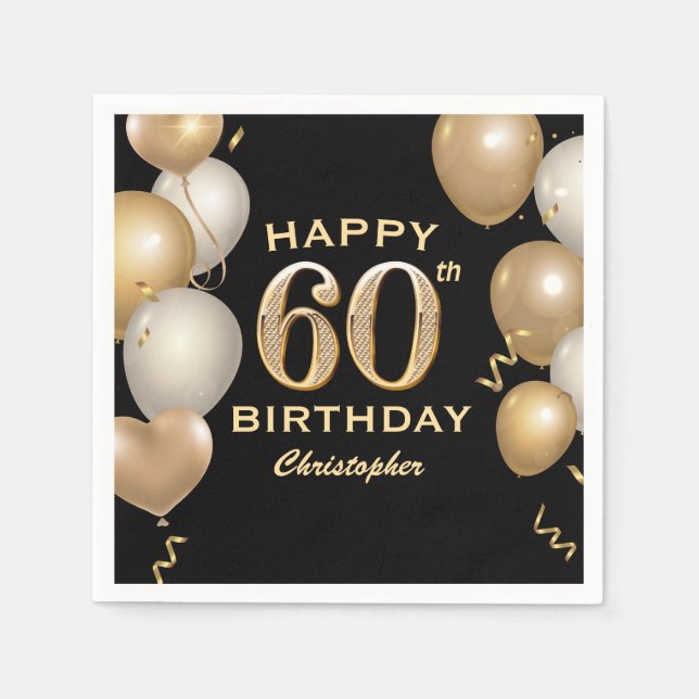 Serviette En Papier 60e fête d'anniversaire Ballons noirs et or (Devant)