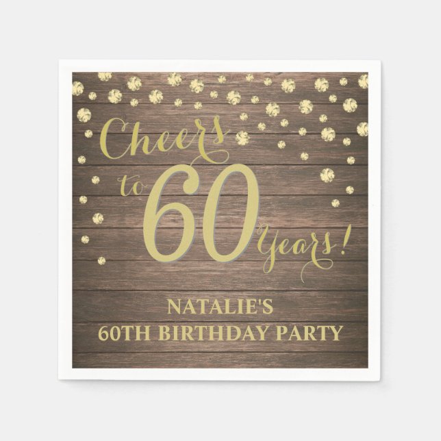Serviette En Papier 60e fête d'anniversaire Rustic Wood et Gold Diamon (Devant)