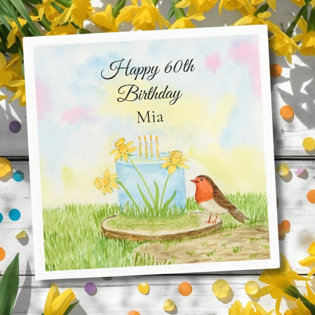 Serviette En Papier 60th Birthday Robin with Daffodil Cake (Créateur téléchargé)