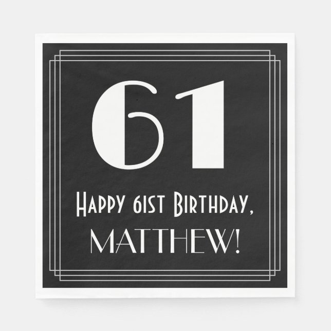 Serviette En Papier 61e anniversaire ~ Art Déco Inspiré Look "61", Nom (Devant)