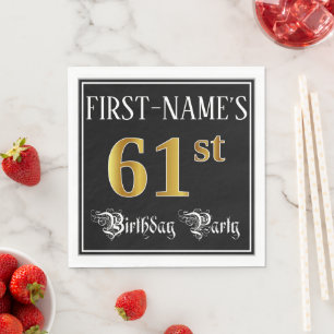 Serviette En Papier 61st Birthday Party — Fancy Script, Faux Gold Look