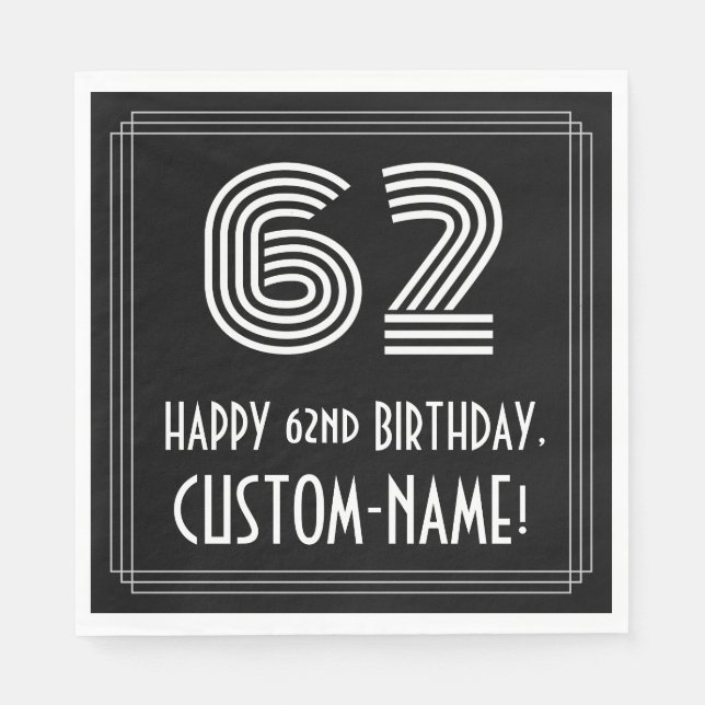 Serviette En Papier 62e anniversaire : Art Déco Inspiré Look "62" + No (Devant)