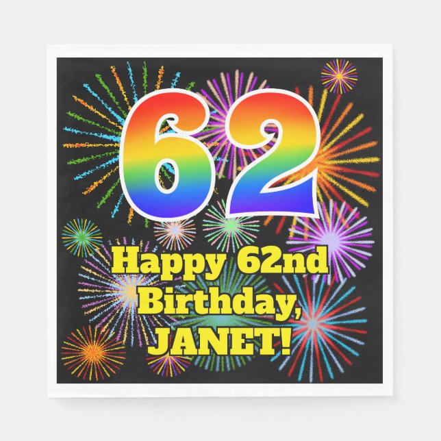 Serviette En Papier 62e anniversaire : Fun Fireworks Motif + Rainbow 6 (Devant)