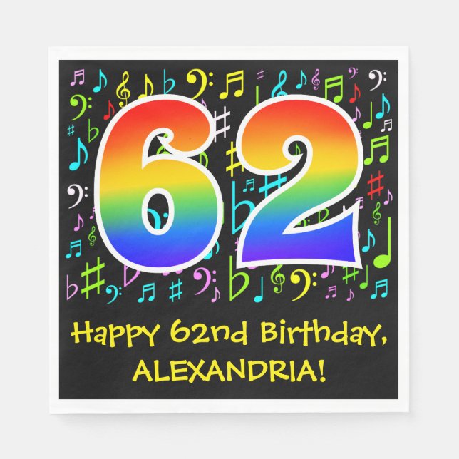 Serviette En Papier 62e anniversaire - Symboles de musique colorée, Ar (Devant)