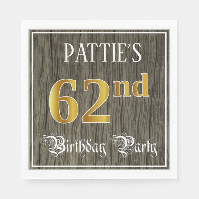Serviette En Papier 62e fête d'anniversaire — Faux Gold & Faux Wood Lo (Devant)