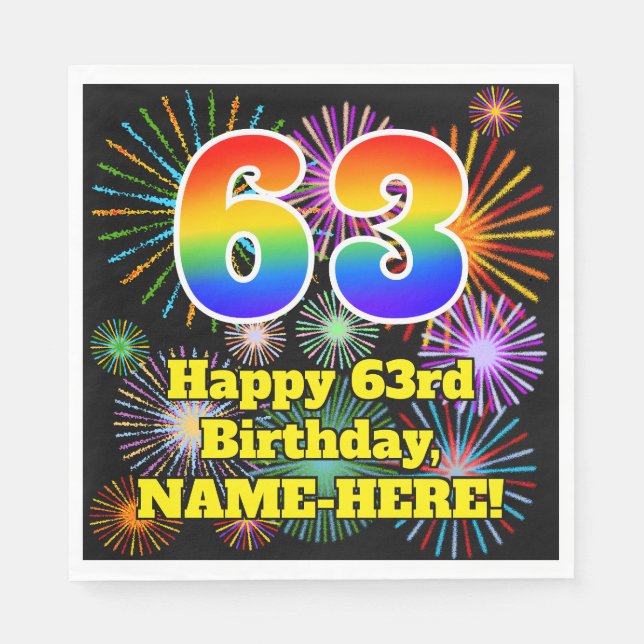 Serviette En Papier 63e anniversaire : Fun Fireworks Motif + Rainbow 6 (Devant)