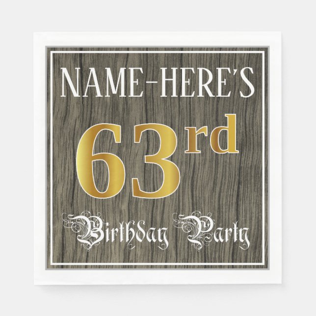 Serviette En Papier 63e fête d'anniversaire — Faux Gold & Faux Wood Lo (Devant)