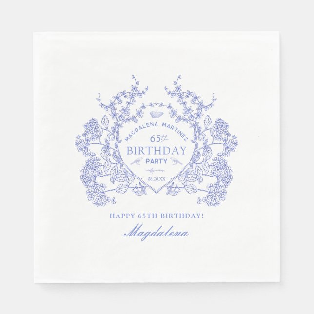 Serviette En Papier 65e anniversaire Français Blue Floral Crest Custom (Devant)