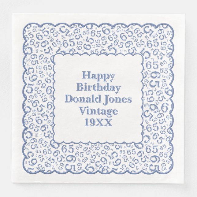 Serviette En Papier 65e anniversaire Numéro Motif pétoncles bleu/blanc (Devant)