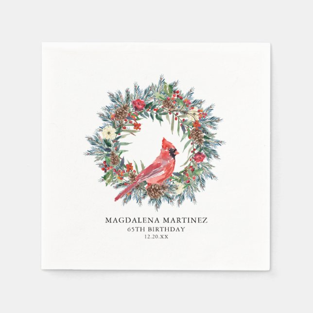 Serviette En Papier 65th Birthday Red Cardinal Wreath Custom Cocktail (Devant)