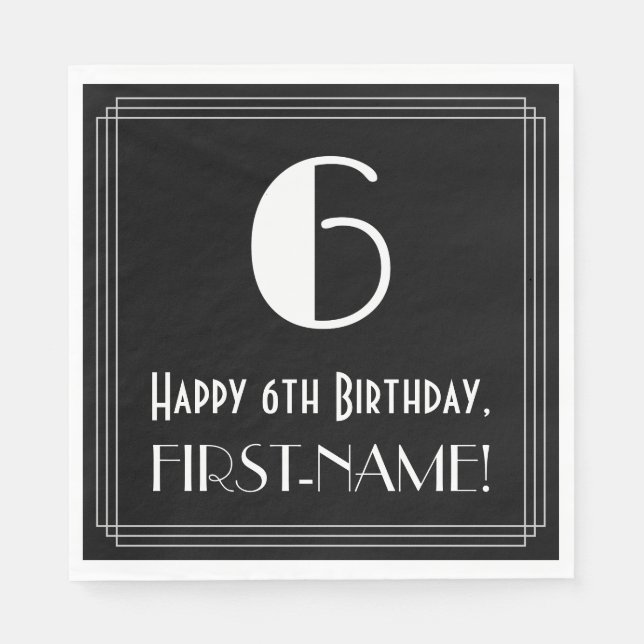 Serviette En Papier 6e anniversaire ~ Art Déco Inspiré Look "6", Nom (Devant)
