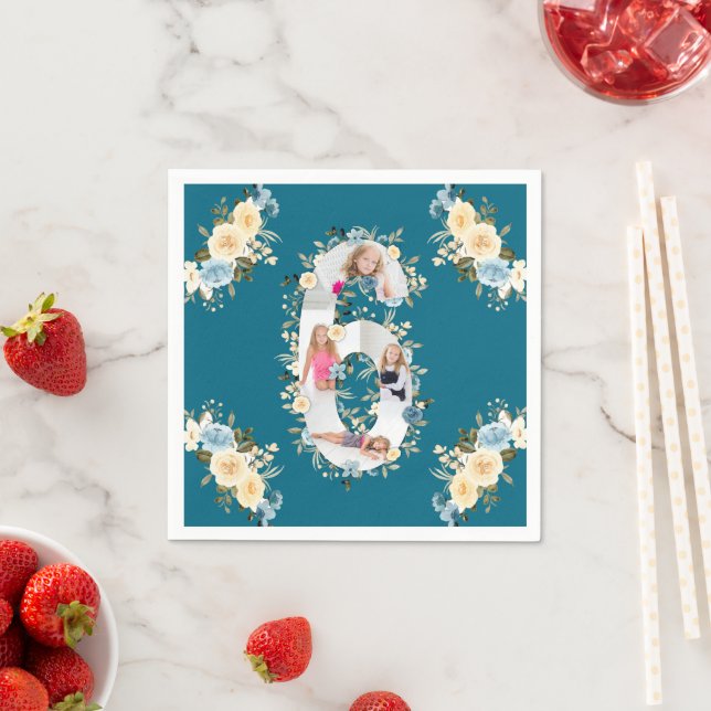 Serviette En Papier 6e anniversaire Turquoise photo Collage bleu jaune (En situation)