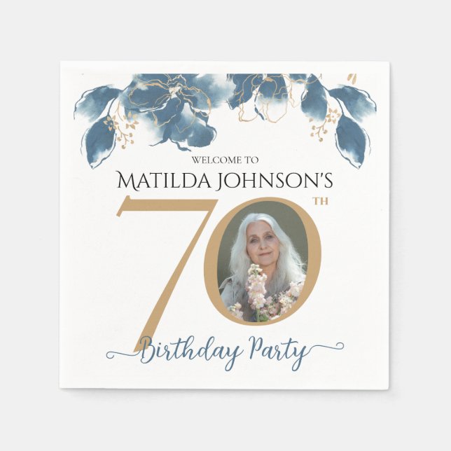Serviette En Papier 70e anniversaire Aquarelle bleu or photo florale (Devant)