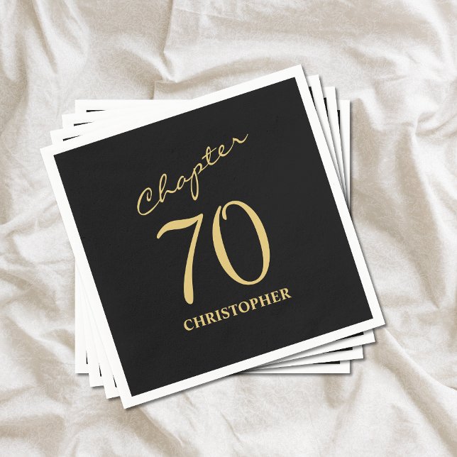Serviette En Papier 70e anniversaire Black Gold Chapitre 70 (Chapter 70 70th birthday black and gold paper napkins. Easily personalized party supplies.)