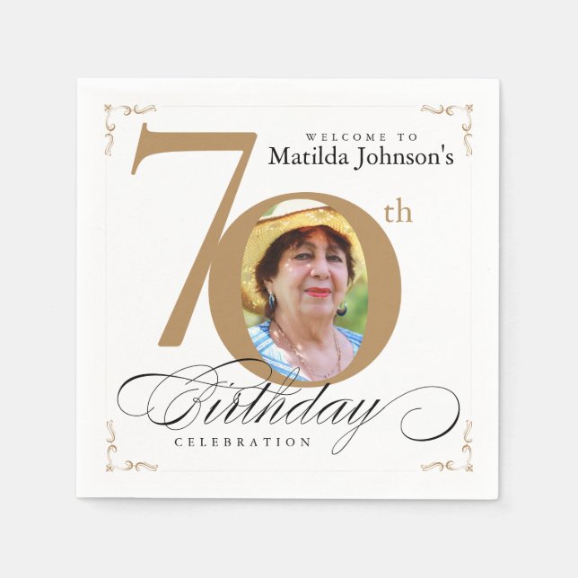 Serviette En Papier 70e Anniversaire Calligraphie Elégant White Gold P (Devant)