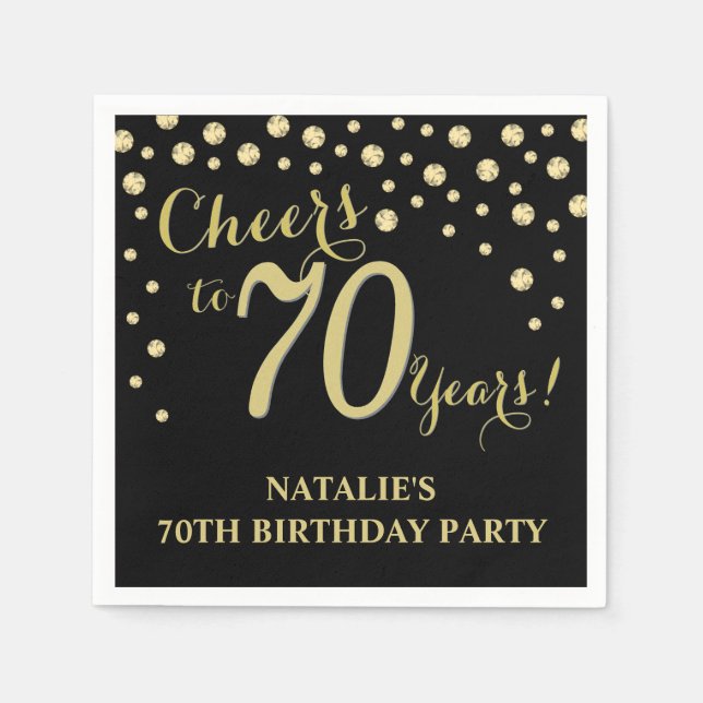 Serviette En Papier 70e anniversaire de fête Black and Gold Diamond Na (Devant)