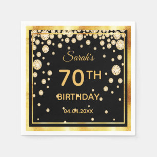 Serviette En Papier 70e anniversaire en noir avec diamants d'or