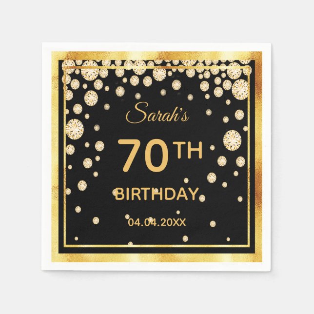 Serviette En Papier 70e anniversaire en noir avec diamants d'or (Devant)