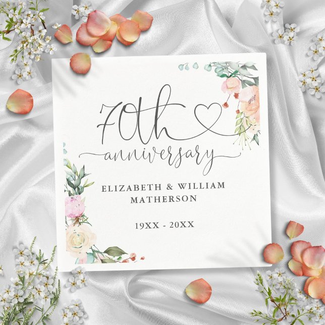 Serviette En Papier 70e anniversaire Gold Heart Roses Floral (70th Anniversary Gold Heart Roses Floral Napkins)