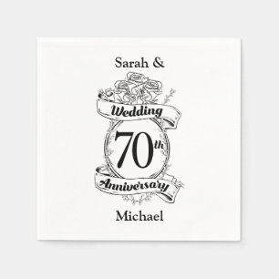 Serviette En Papier 70e anniversaire Mariage Fleurs Noir et blanc