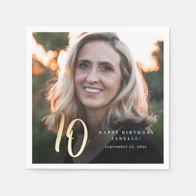 Serviette En Papier 70e anniversaire moderne Photo noir & or Script (Devant)