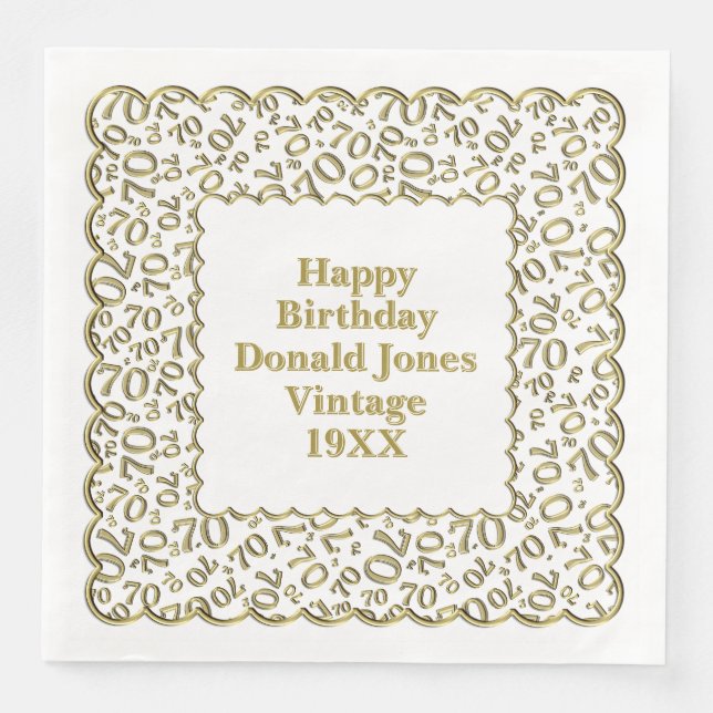 Serviette En Papier 70e anniversaire Numéro Motif pétoncles or/blanc (Devant)