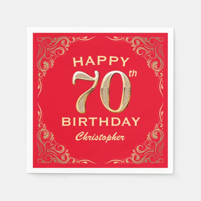 Serviette En Papier 70e anniversaire Parties scintillant rouge et or (Devant)