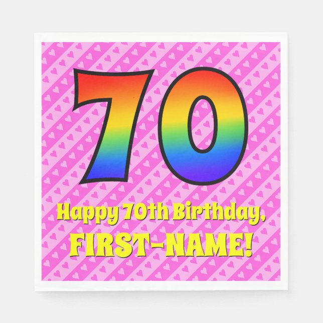 Serviette En Papier 70e anniversaire : Pink Stripes & Hearts, Rainbow  (Devant)