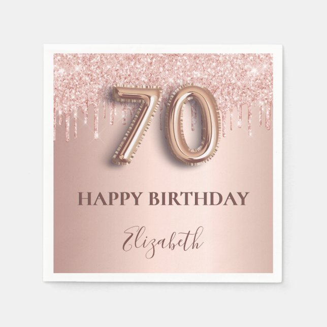 Serviette En Papier 70e anniversaire rose gouttes rose or (Devant)