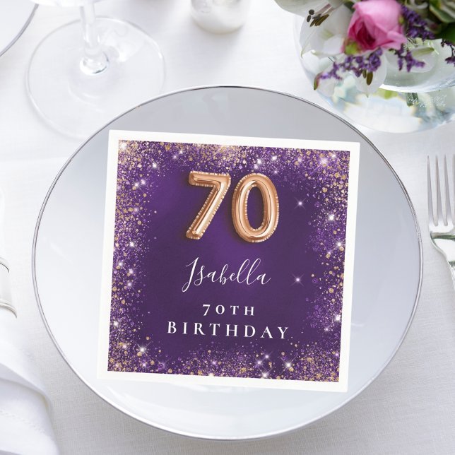 Serviette En Papier 70e anniversaire violet rose or pétillant nom (Créateur téléchargé)