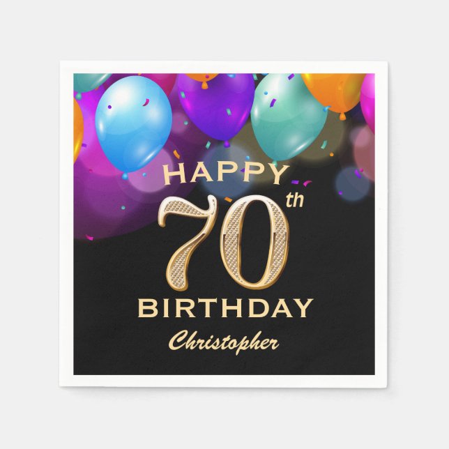 Serviette En Papier 70e fête d'anniversaire Ballons noirs et or (Devant)