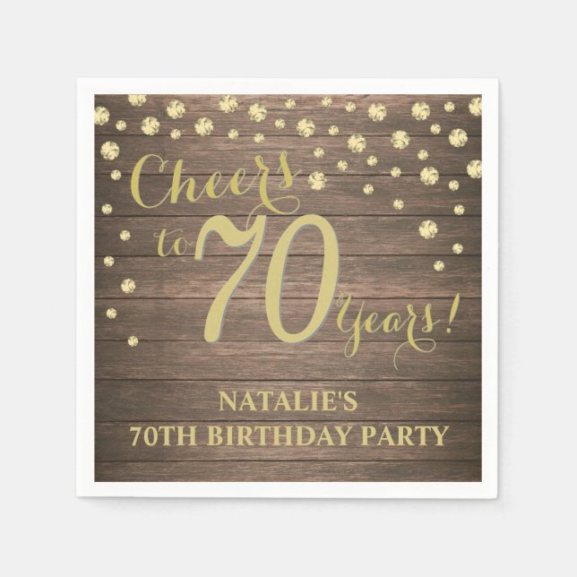 Serviette En Papier 70e fête d'anniversaire Rustic Wood et Gold Diamon (Devant)