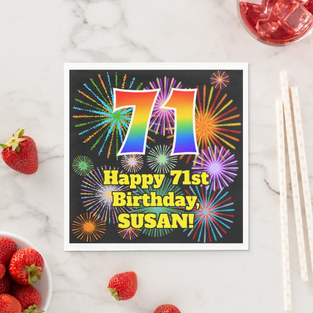 Serviette En Papier 71e anniversaire : Fun Motif Fireworks + Rainbow 7 (En situation)