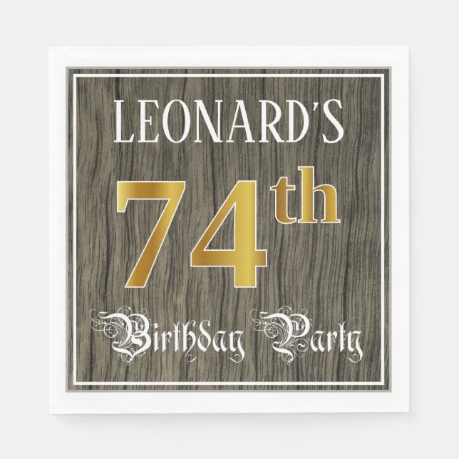 Serviette En Papier 74e fête d'anniversaire — Faux Gold & Faux Wood Lo (Devant)