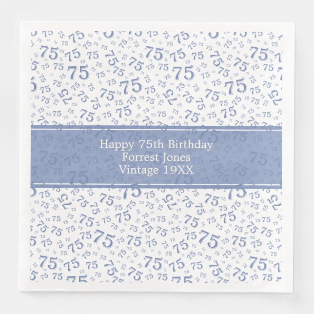 Serviette En Papier 75e anniversaire Cool Numéro Motif Bleu/Blanc (Devant)