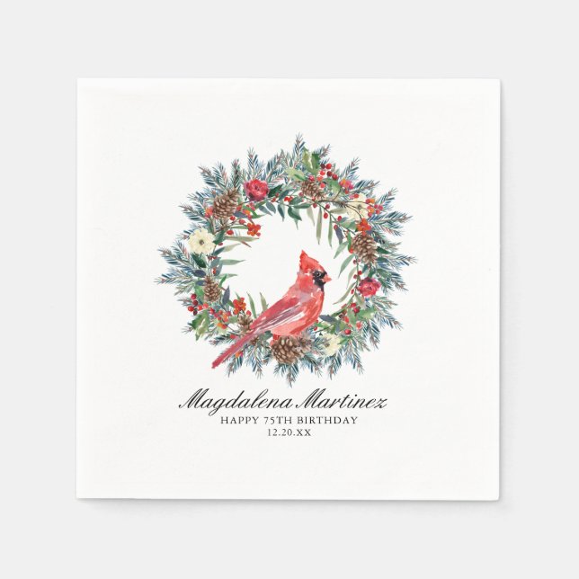 Serviette En Papier 75th Birthday Red Cardinal Wreath Custom Cocktail (Devant)