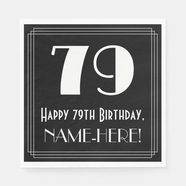 Serviette En Papier 79e anniversaire ~ Art Déco Inspiré Look "79", Nom (Devant)