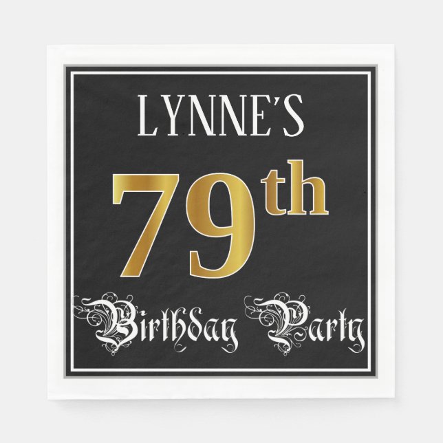Serviette En Papier 79e Birthday Party — Fancy Script, Faux Gold Look (Devant)