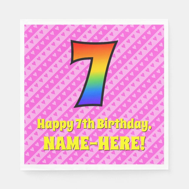 Serviette En Papier 7e anniversaire : Pink Stripes & Hearts, Rainbow # (Devant)