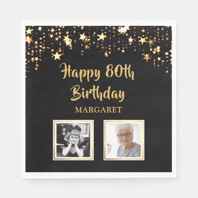 Serviette En Papier 80e anniversaire Alors et maintenant Photos Black  (Devant)