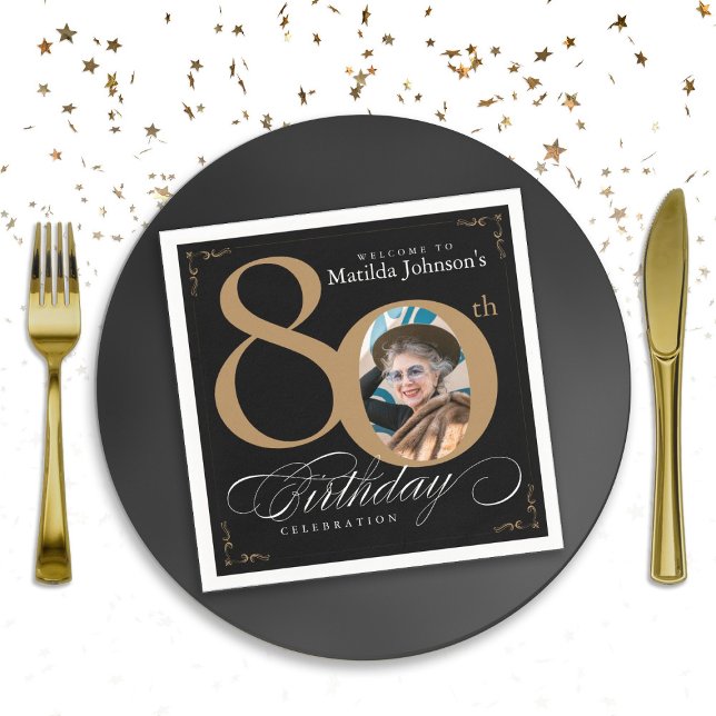 Serviette En Papier 80e anniversaire Black Gold Calligraphy Photo pers (80th Birthday Black Gold Calligraphy Custom Photo Napkins)