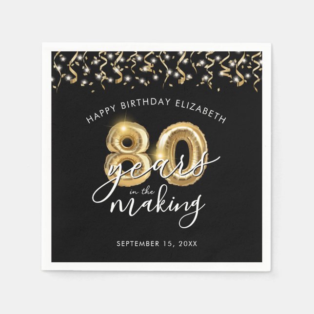 Serviette En Papier 80e anniversaire Black Gold Script Streamers (Devant)