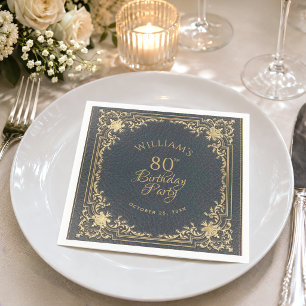 Serviette En Papier 80e Anniversaire Bleu Or  Écriture Élégante Vintag