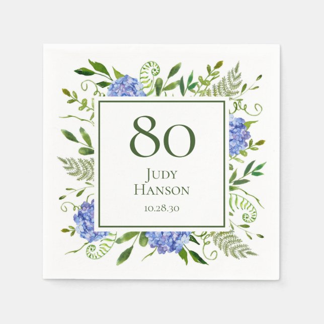 Serviette En Papier 80e anniversaire Blue Hydrangeas (Devant)