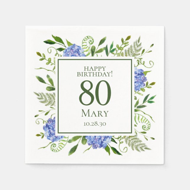 Serviette En Papier 80e anniversaire Blue Hydrangeas (Devant)