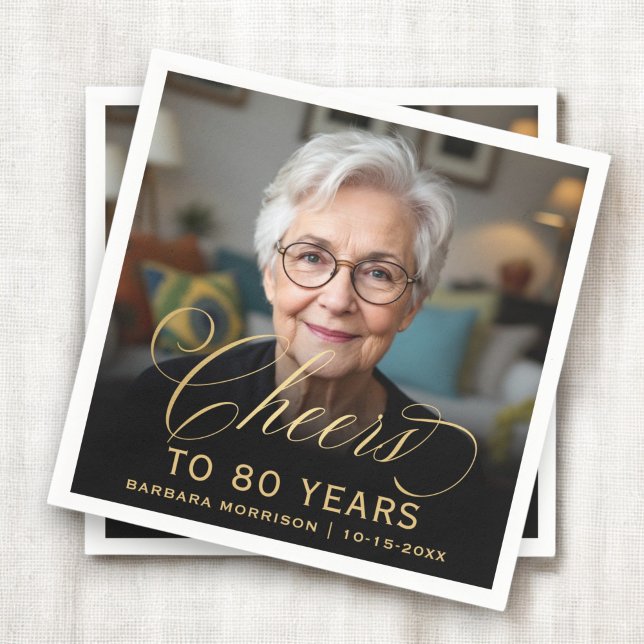 Serviette En Papier 80e anniversaire de la fête Photo Gold Script Chee (Créateur téléchargé)