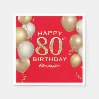 Serviette En Papier 80e Anniversaire des Ballons Rouge et Or