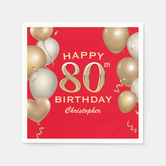 Serviette En Papier 80e Anniversaire des Ballons Rouge et Or (Devant)