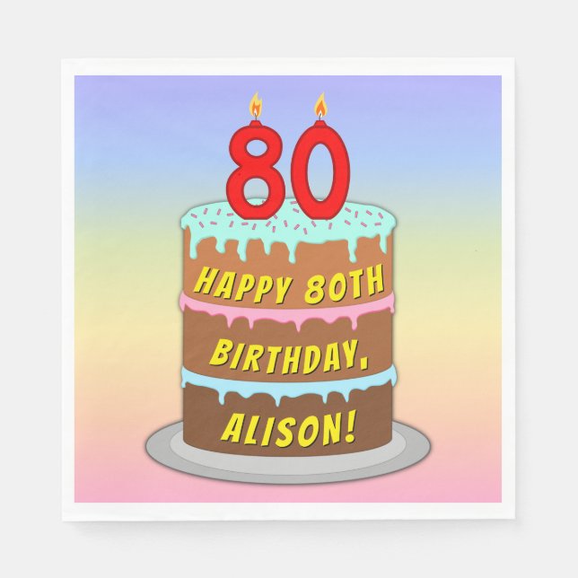 Serviette En Papier 80e anniversaire : Fun Cake and Candles + Nom pers (Devant)