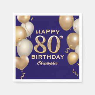 Serviette En Papier 80e Anniversaire Marine Bleu et Ballons d'or